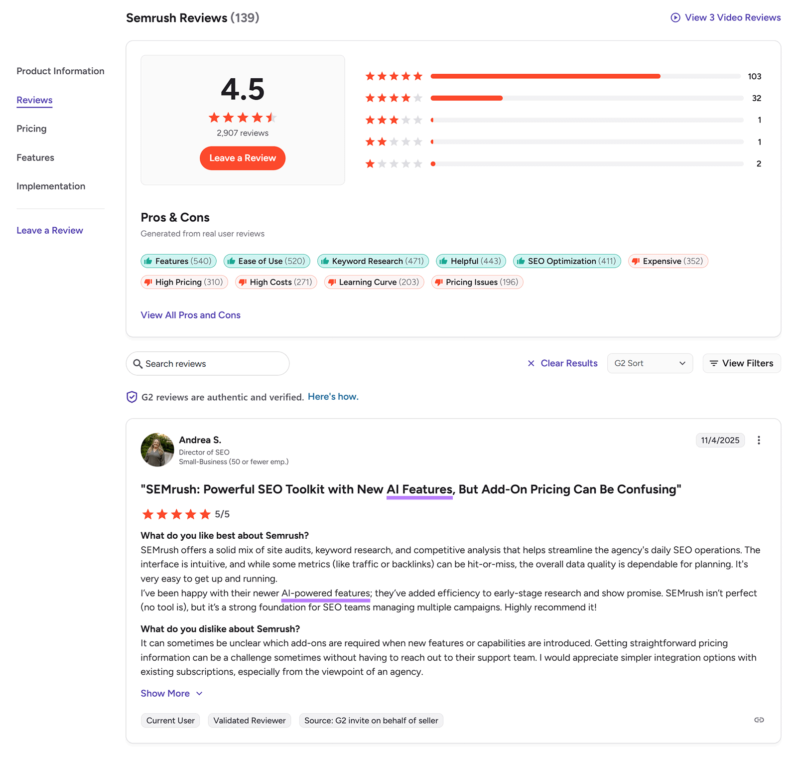 G2 review page showing Semrush’s star rating, pros and cons tags, and a highlighted user review.