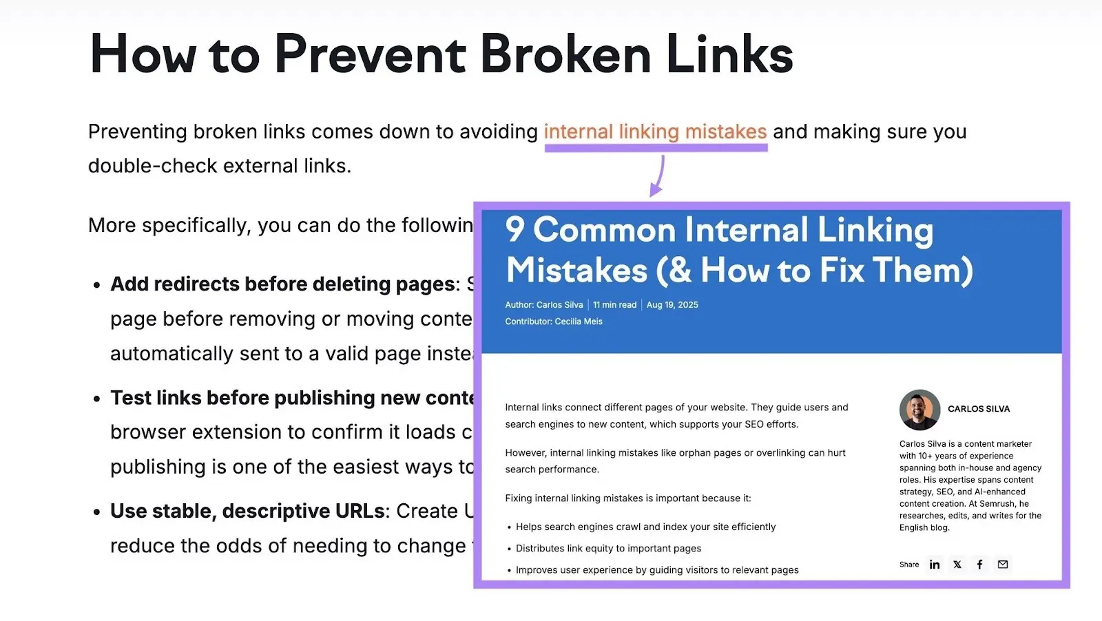 A blog post using descriptive anchor text, "internal linking mistakes", that links to a blog post covering the topic in detail.