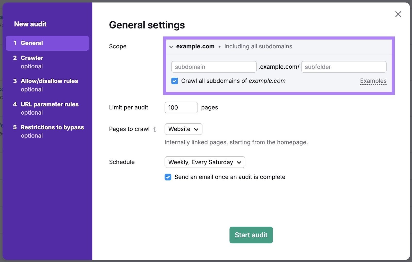 The crawl scope settings on Site Audit where you can select specific subdomains and subfolders to be included.