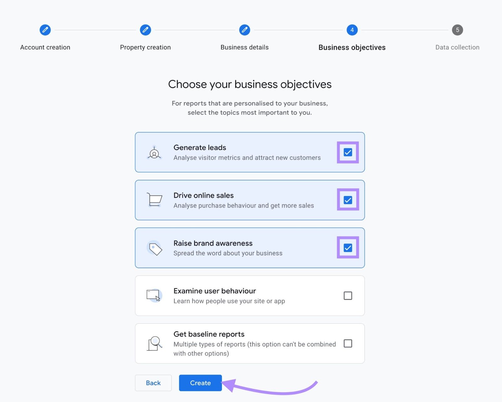 "Choose your business objectives" section