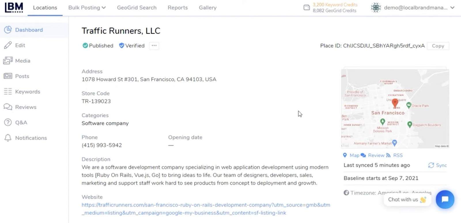 Local Brand Manager dashboard showing an overview of a listing with information like its address, store code, description, etc.