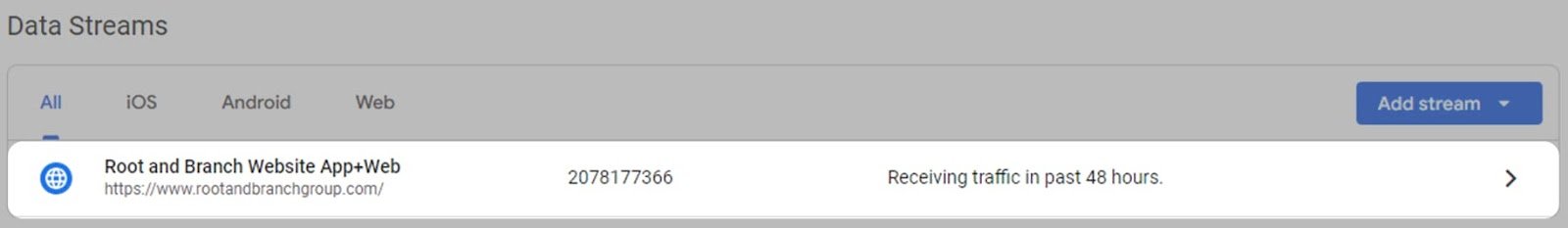 "Root and Branch Website App+Web" data stream selected