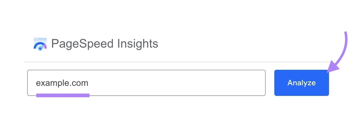 Google PageSpeed Insights home with a URL entered and "Analyze" clicked.