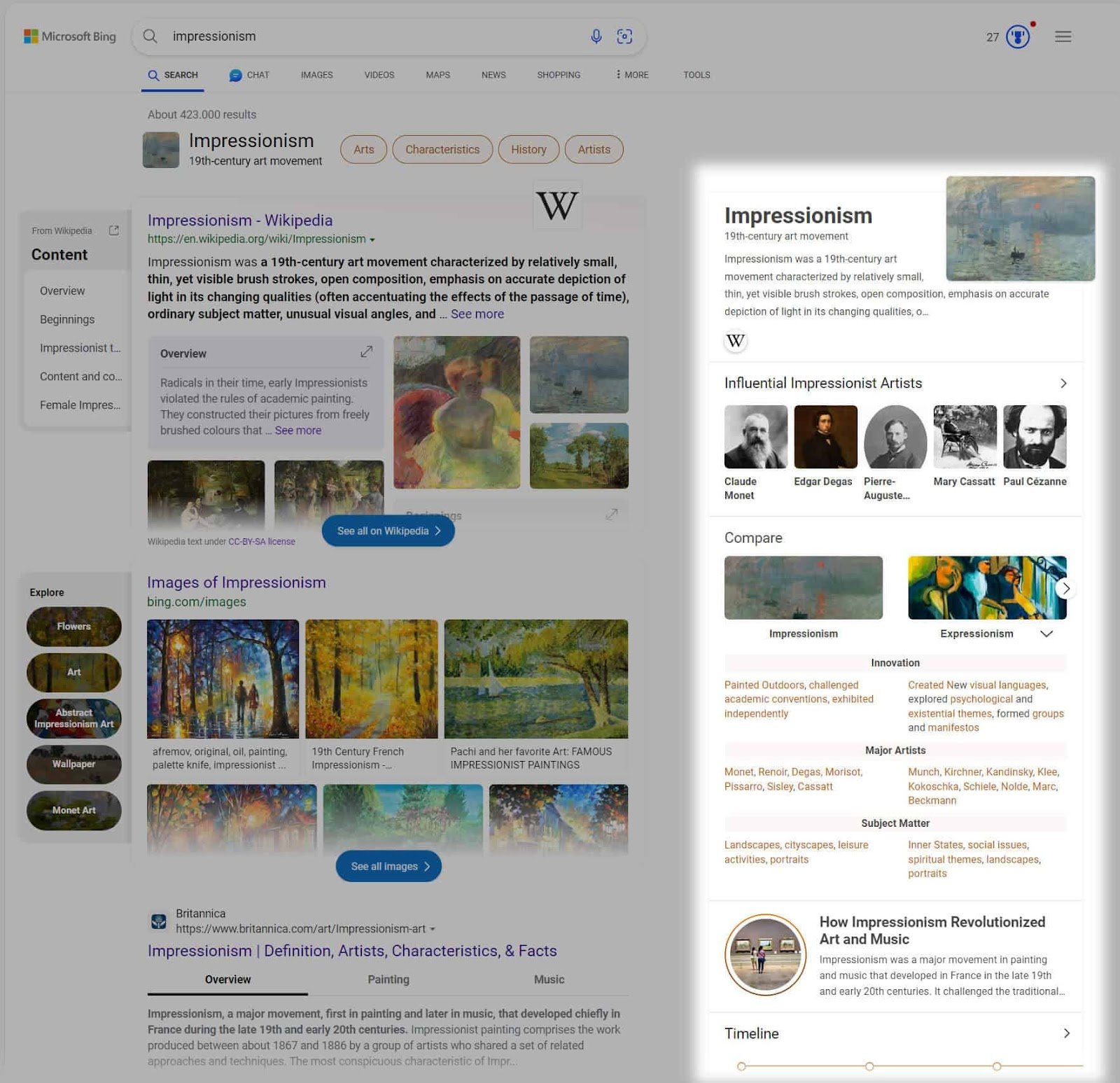 AI-generated knowledge card for the query “impressionism”