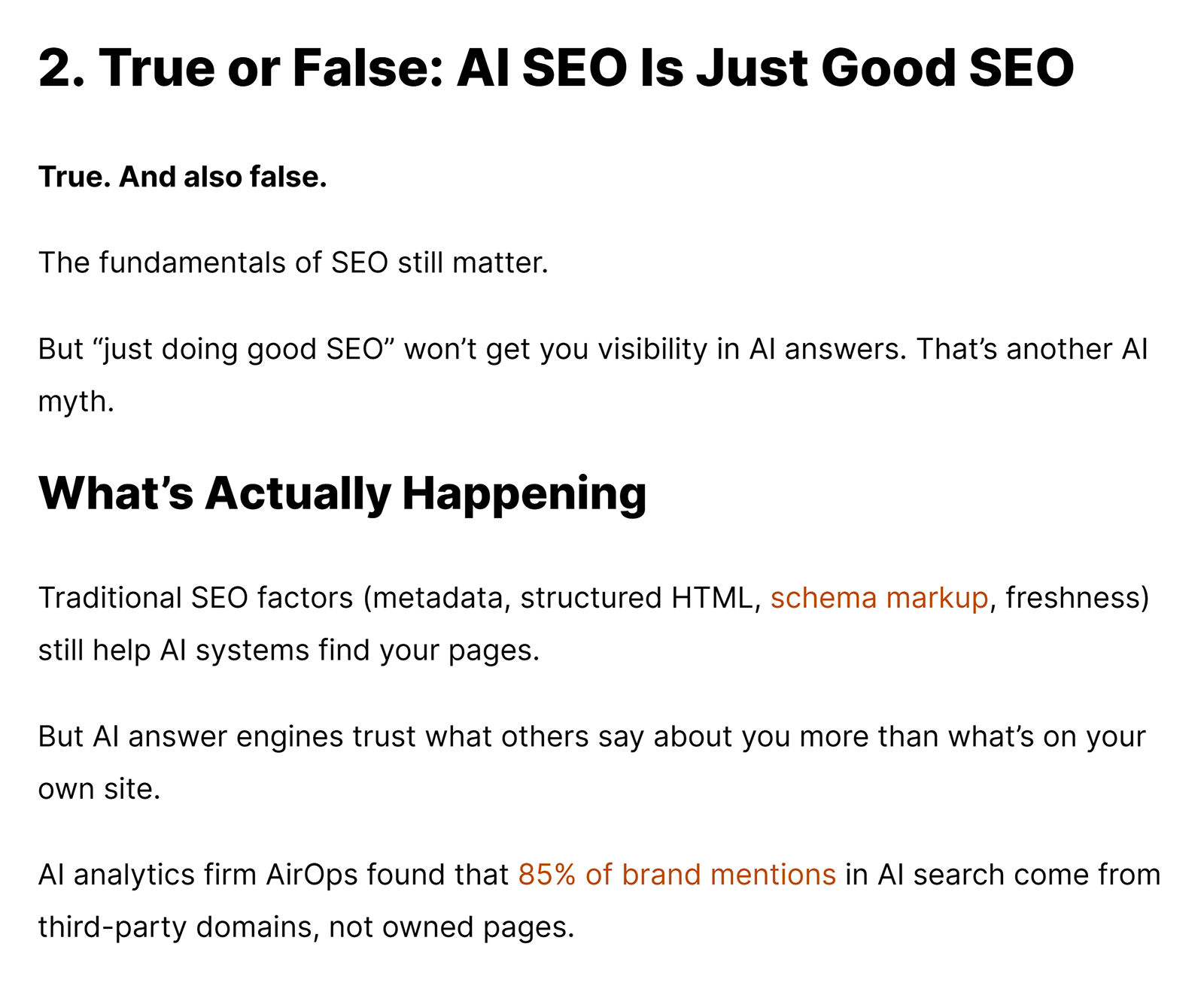 Blog section labeled ‘True or False’ breaking down an AI SEO myth with clear explanations.