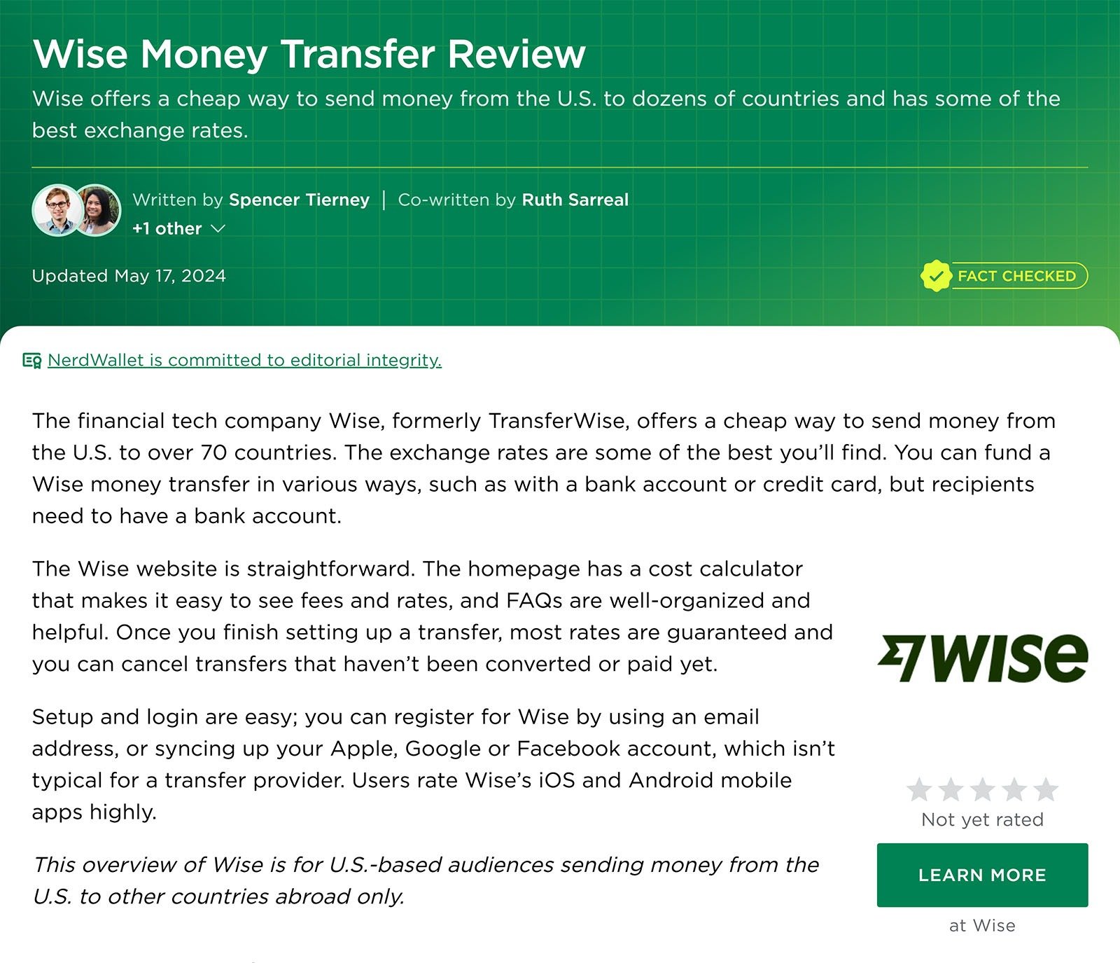 NerdWallet Wise review highlights low fees, strong exchange rates, and broad international transfer coverage