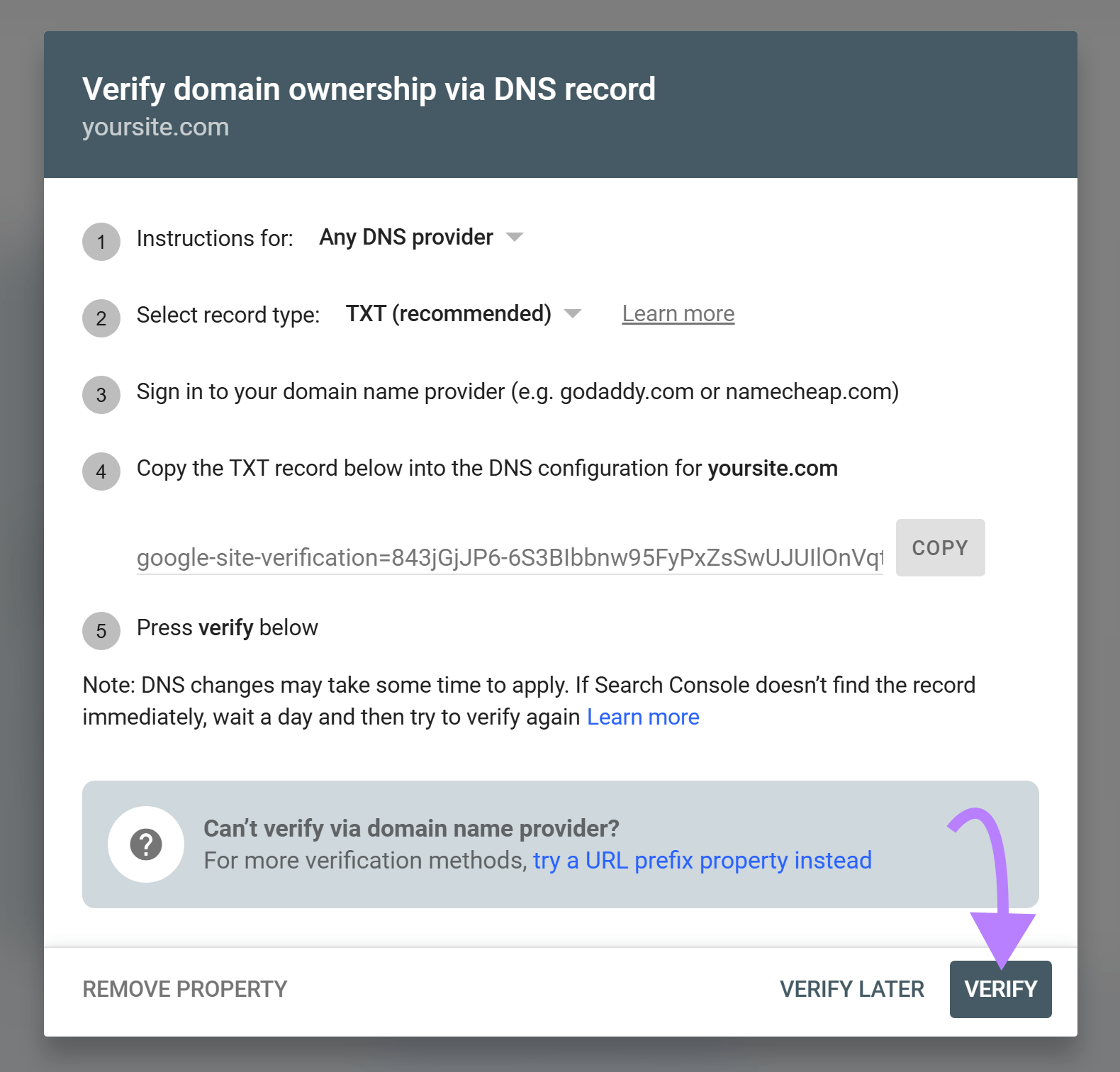 Google Search Console DNS verification screen with the Verify button highlighted.