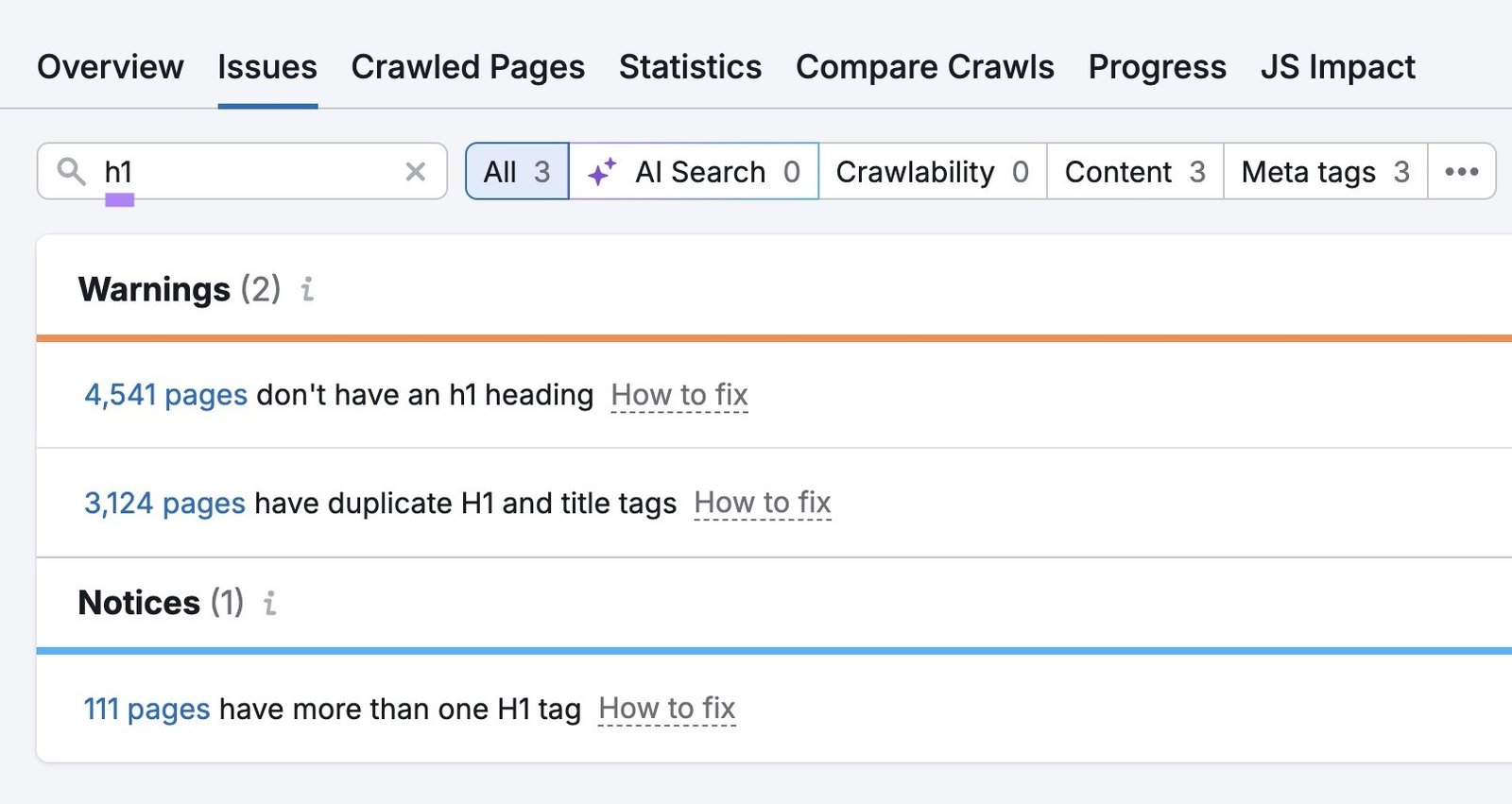 The "Issues" tab on Site Audit with "h1" entered showing a list of related notices and warnings.