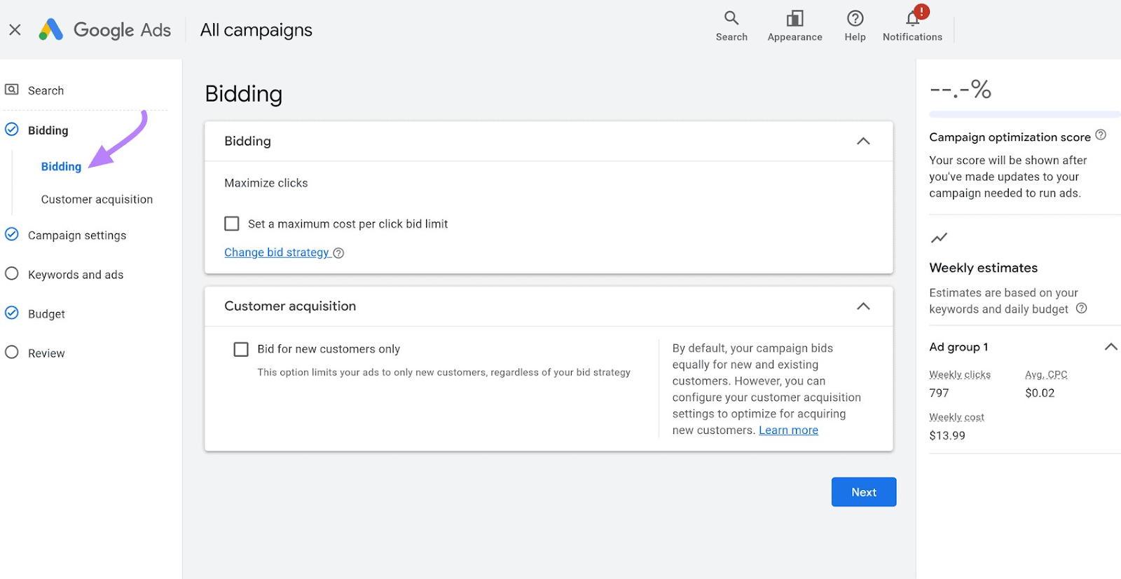 "Bidding" page in Google Ads