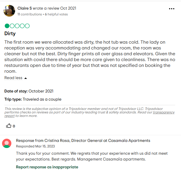 A 1-star review response on Tripadvisor