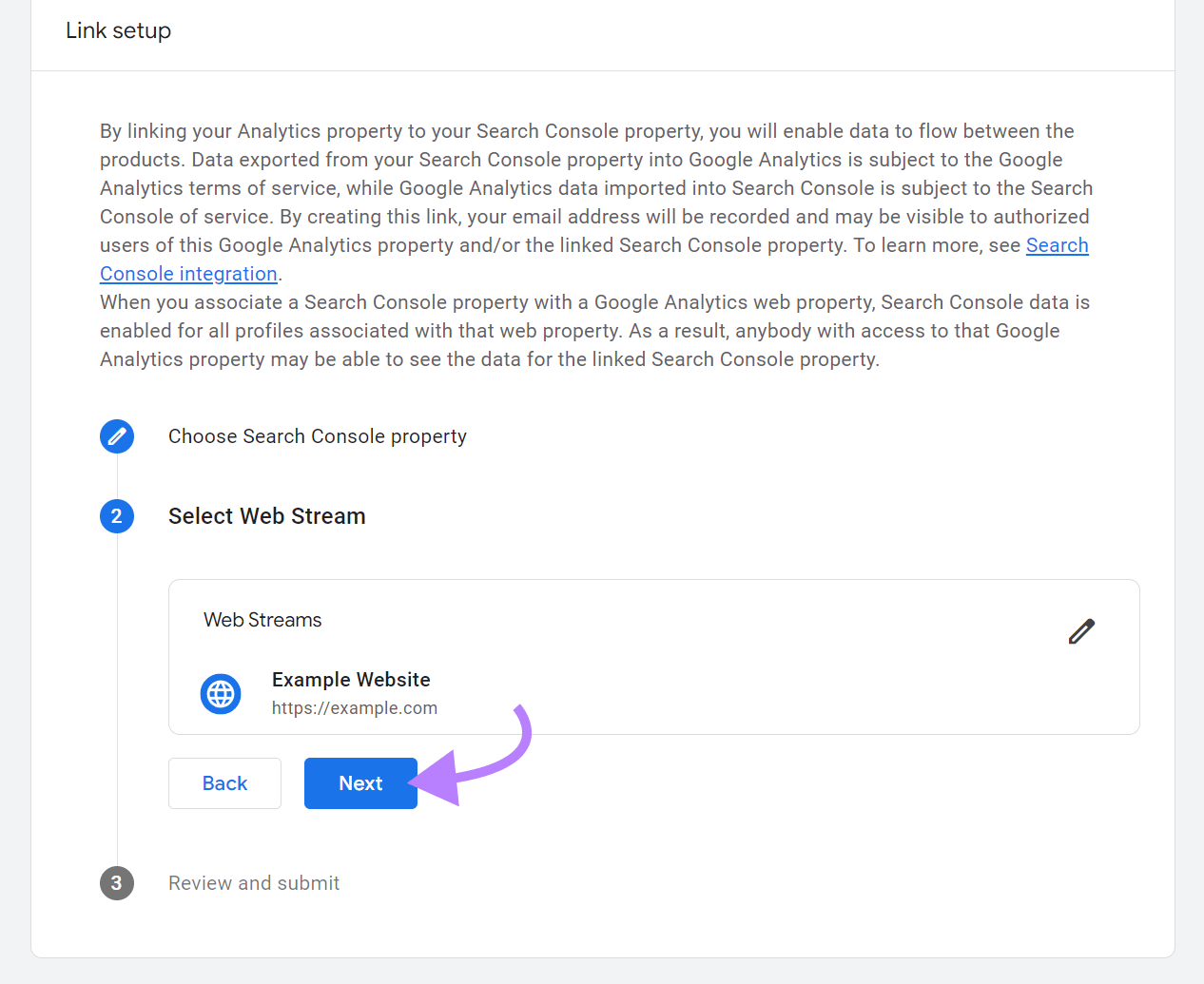 Link setup step 2 Select Web Stream with Web Stream selected and arrow pointing to Next button
