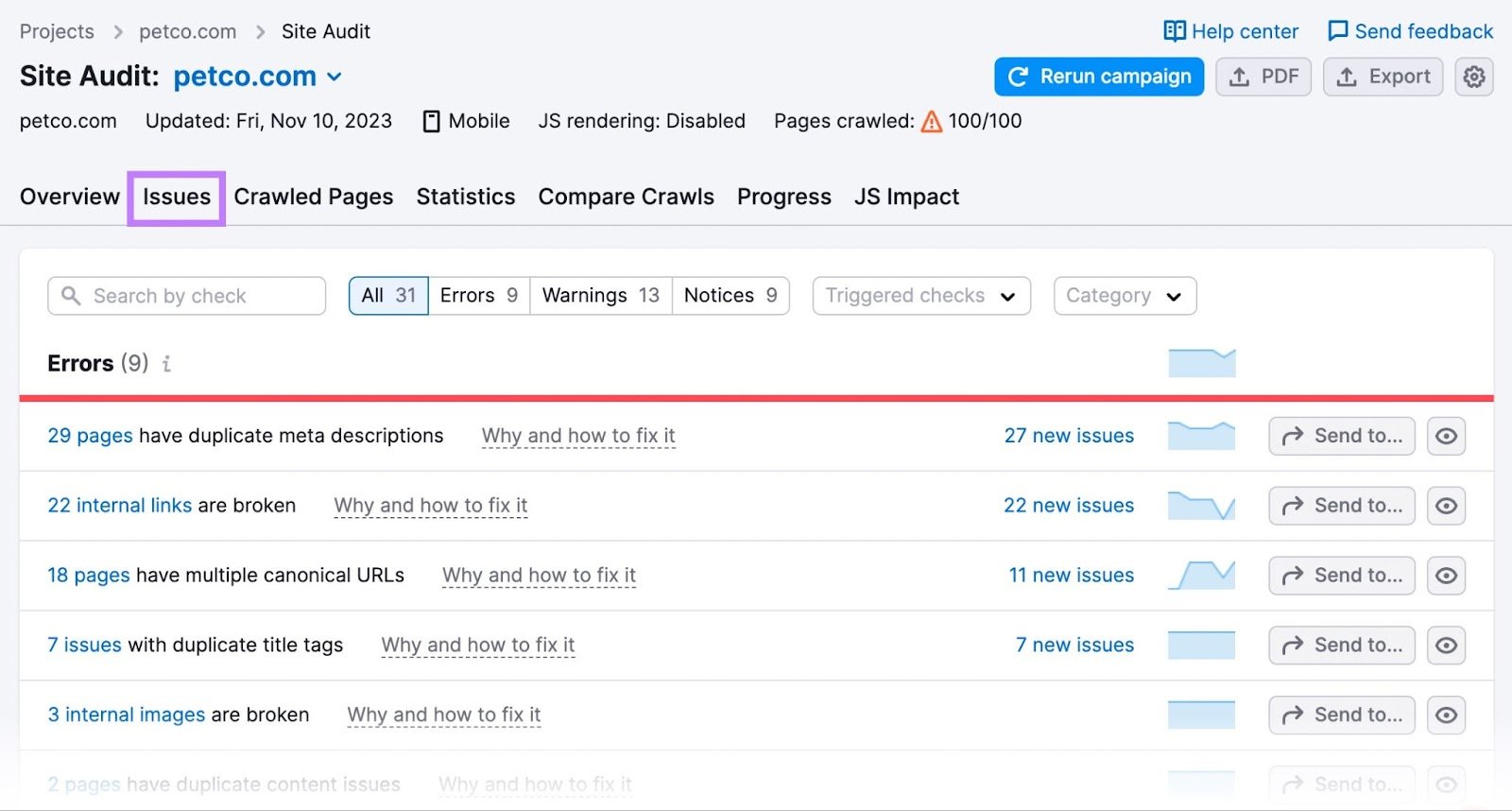 “Issues” tab in Site Audit tool