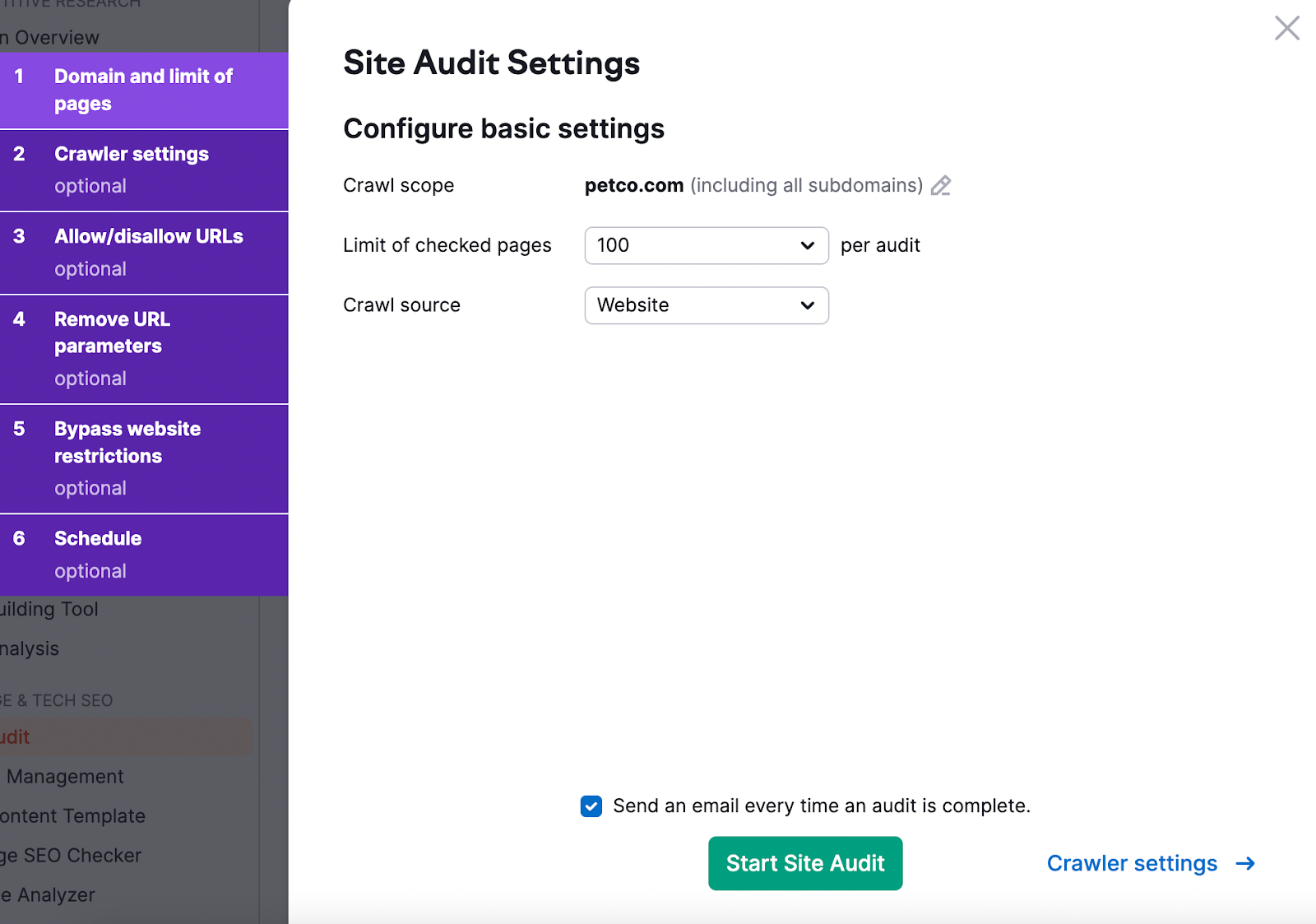 "Site Audit Settings" window
