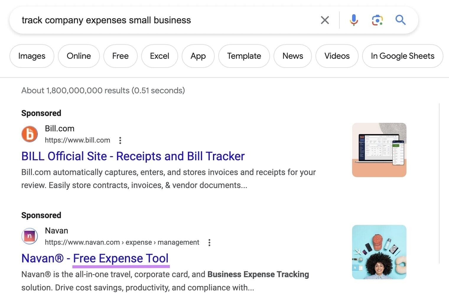 "Sponsored" ad for Free Expense Tool by Navan on Google SERP