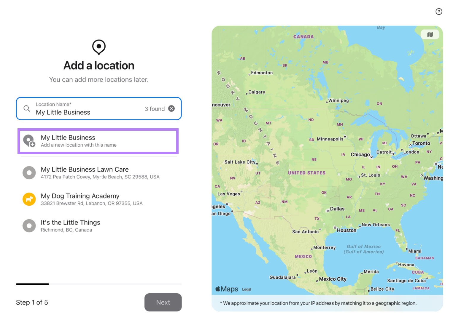 Search page with ‘My Little Business’ highlighted to add a new location.