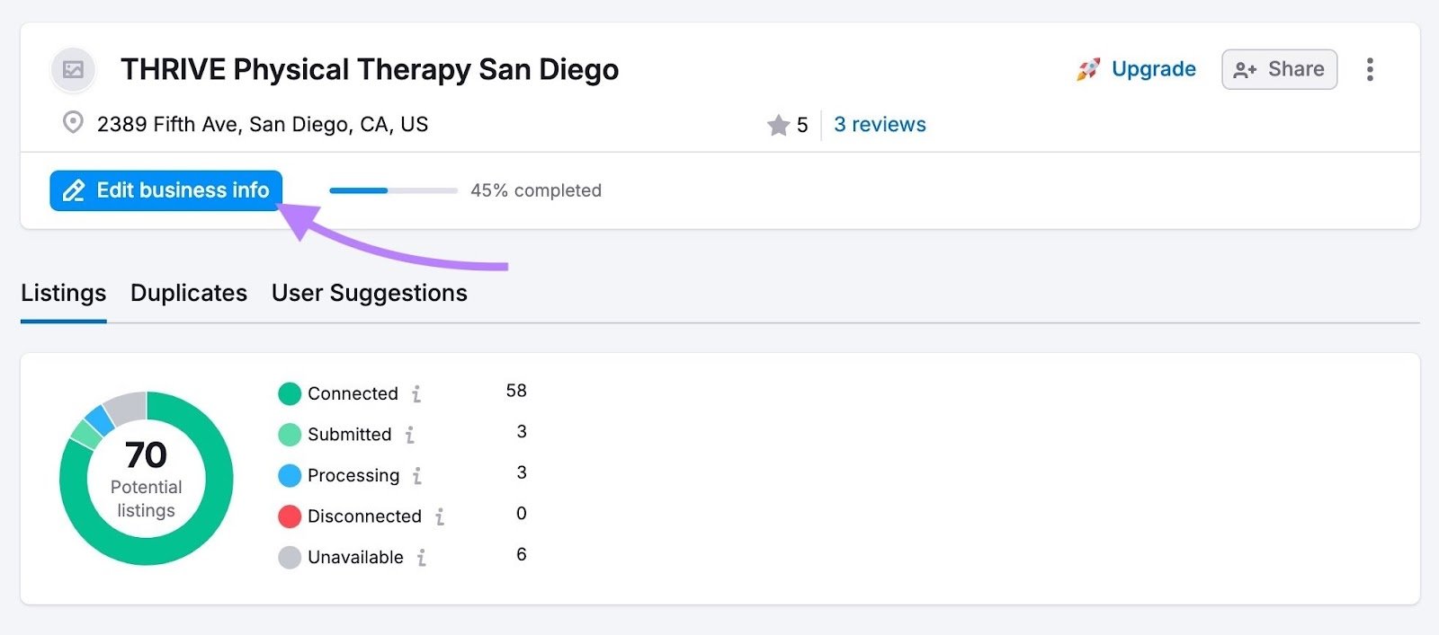 Listings Management dashboard with “Edit business info” clicked.