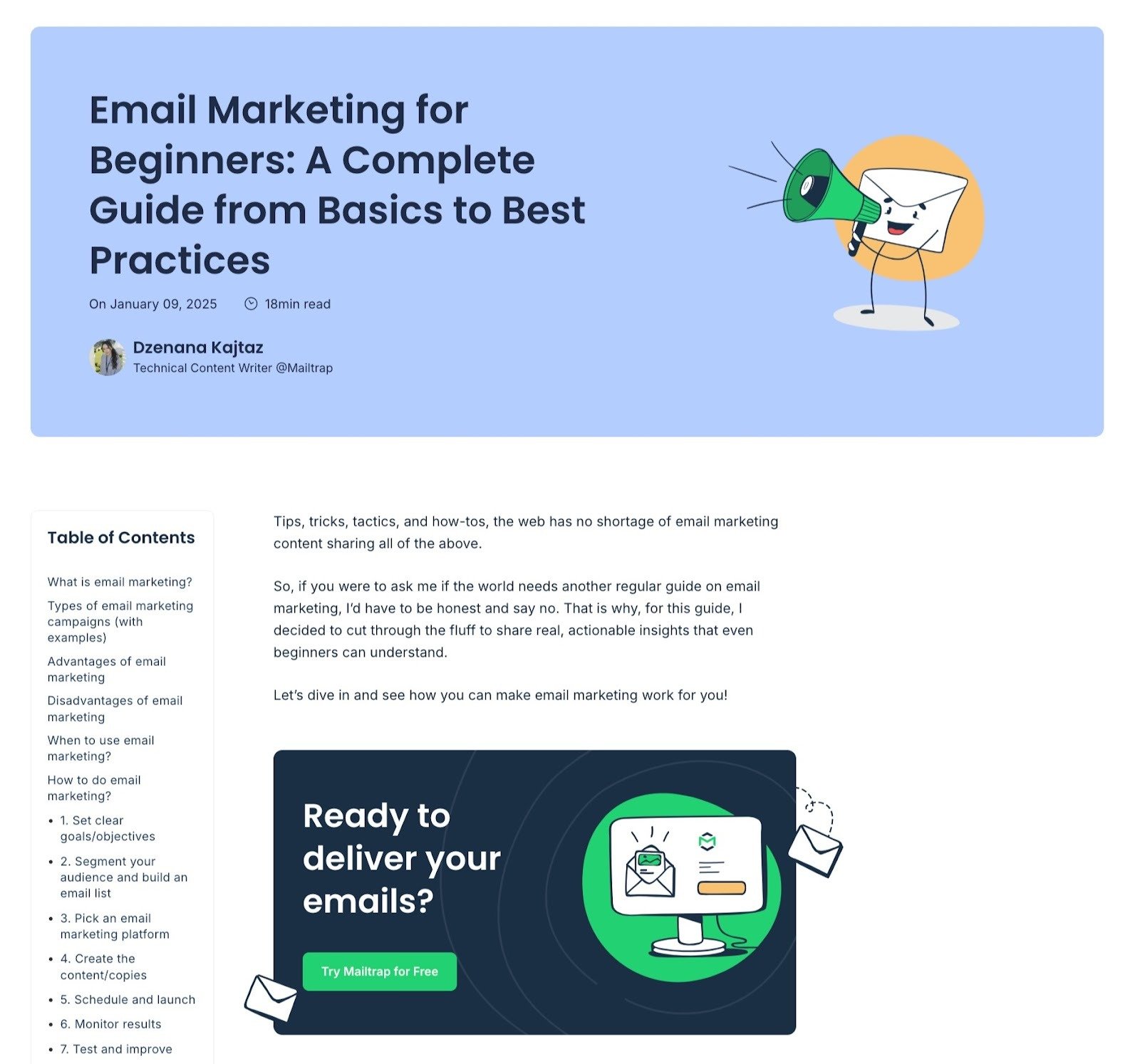 Pillar page by Mailtrap titled "Email Marketing for Beginners".
