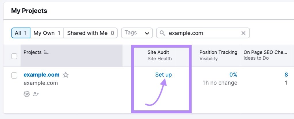 "Set up" button under "Site Audit" column