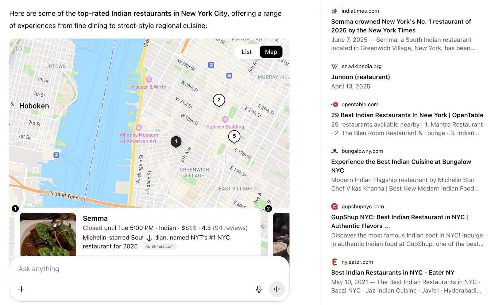ChatGPT voice assistant results for the best Indian restaurants in New York with results pulled from sources like Wikipedia, YouTube, Reddit, etc.