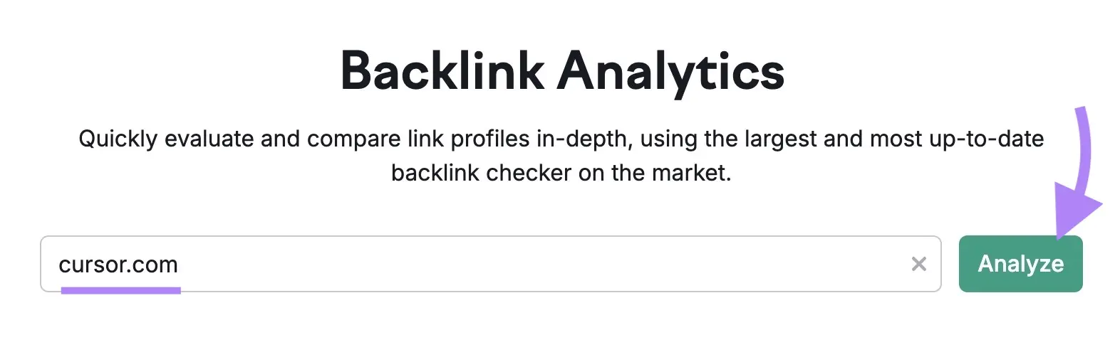 Backlinks start page with domain entered and arrow pointing to Analyze button.