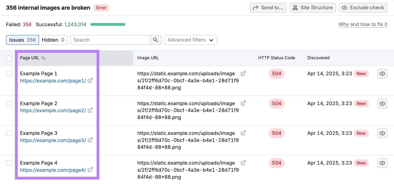 Table with issue details for broken internal images with Page URL column highlighted.