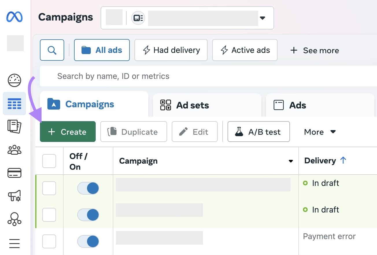 Meta Ads Manager home with the green "+ Create" button clicked.