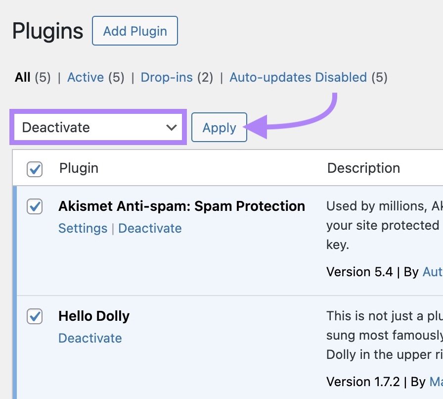Plugins on WordPress with "Bulk Actions" clicked, "Deactivate" selected from the dropdown, and "Apply" clicked.