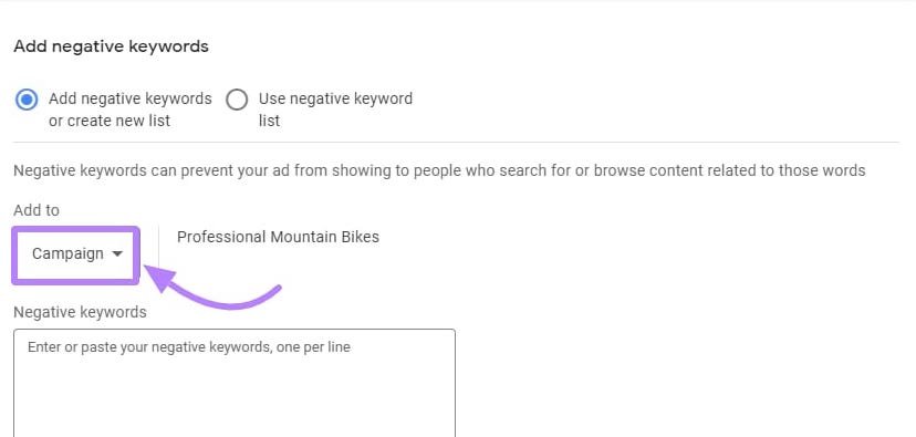 choosing the campaign you want to add the negative keywords to