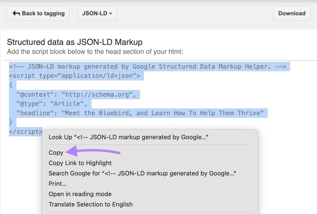 Markup code selected and copied on the Structured Data Markup Helper.