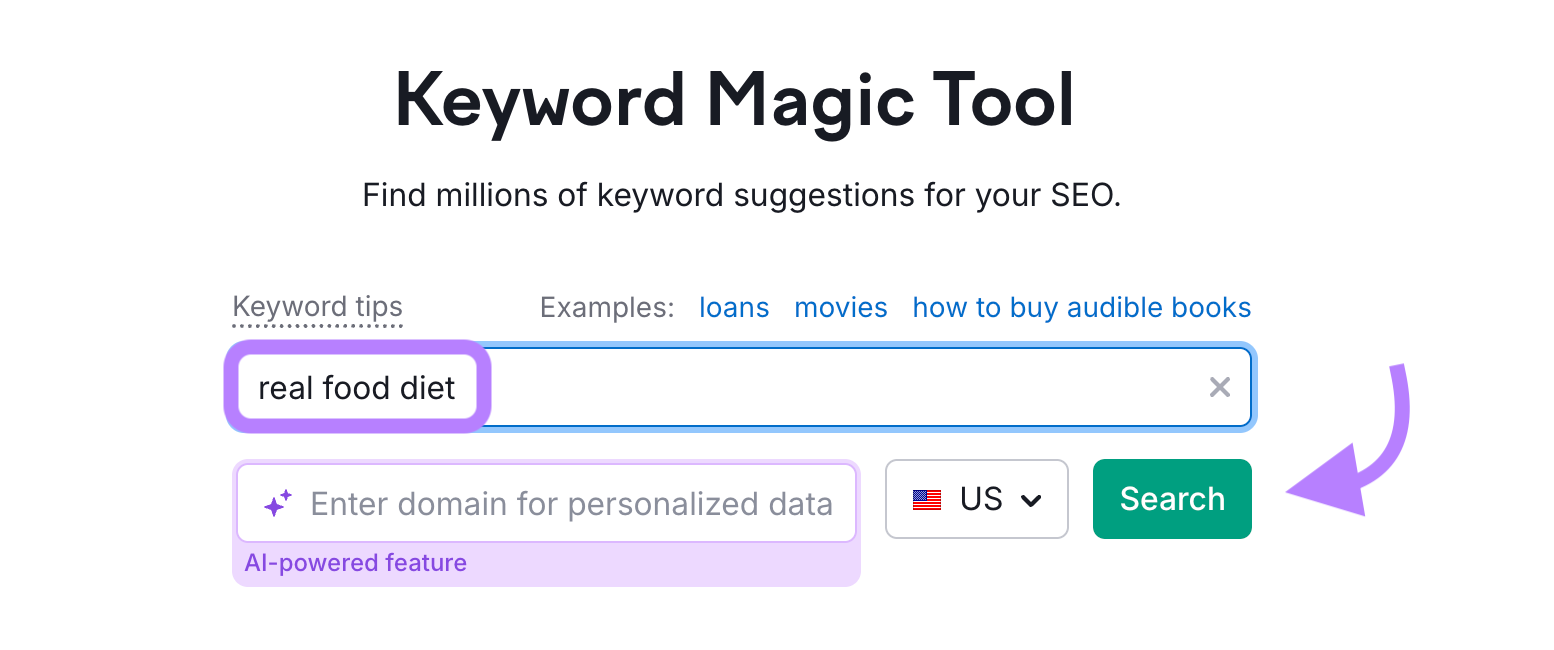 Entering "real food diet" into Semrush's Keyword Magic tool.