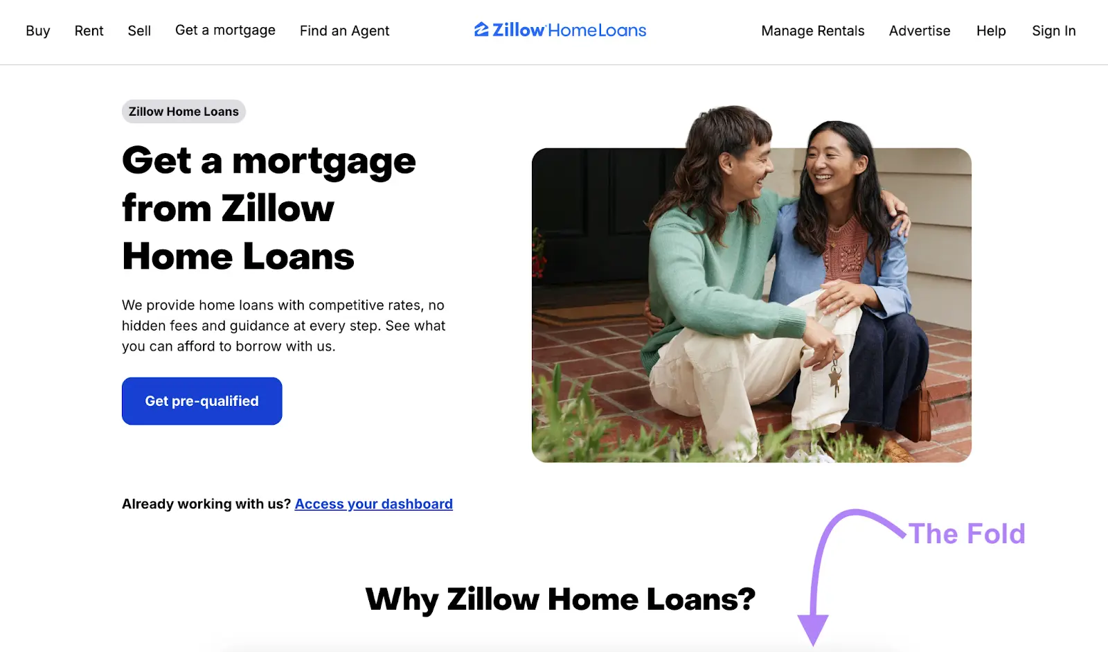The above-the-folder section of a landing page by Zillow.