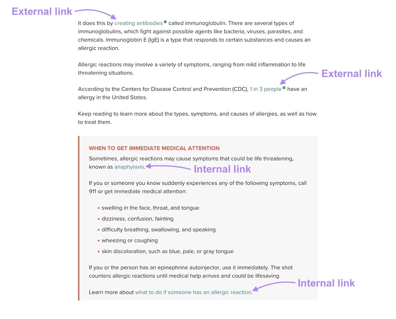 The different external and internal links highlighted on a pillar page by Healthline.