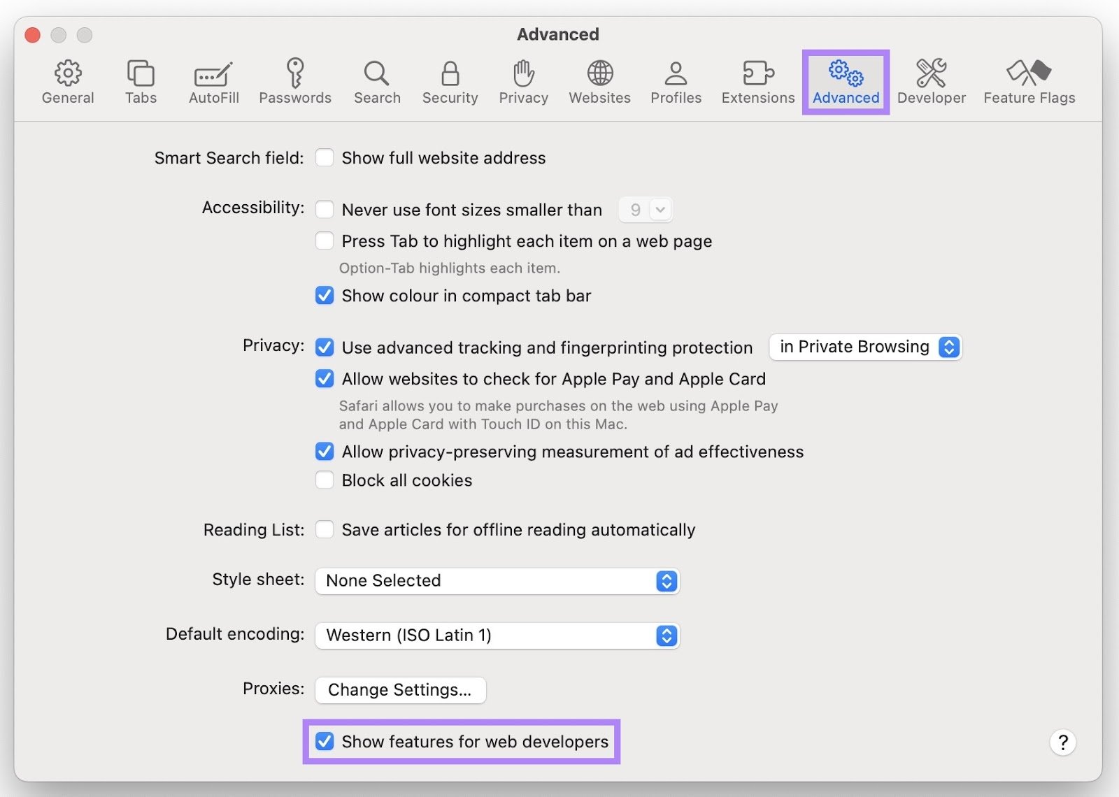 The "Advanced" tab on Safari settings with the “Show features for web developers” box checked.