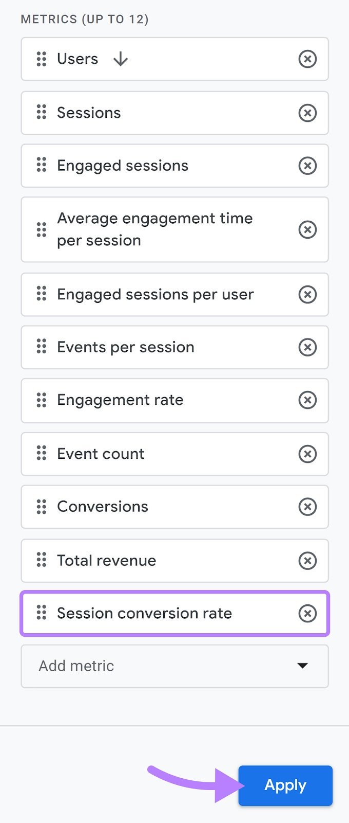 “Session conversion rate” option selected from the metrics list