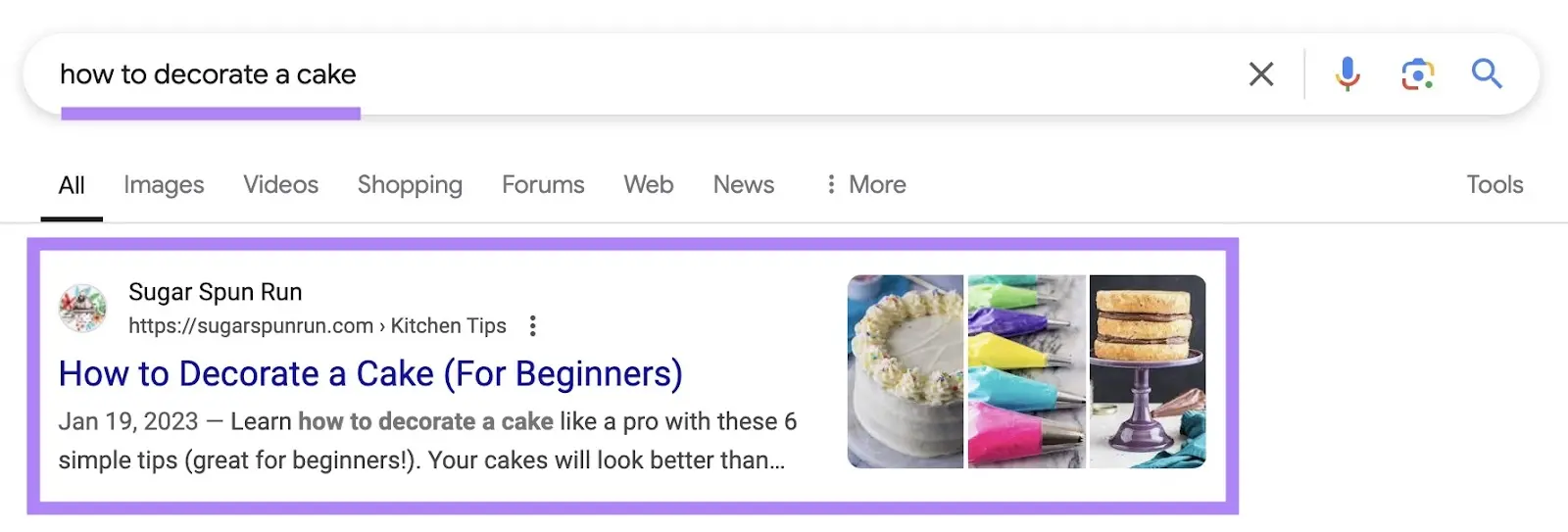 Google search result snippet for “How to Decorate a Cake” with images of decorated cakes and piping bags.