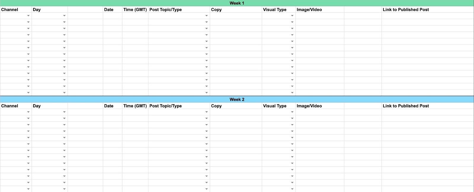 Blank social media content calendar with columns for channel, time, topic, copy, visual type, media, and link to the published post.