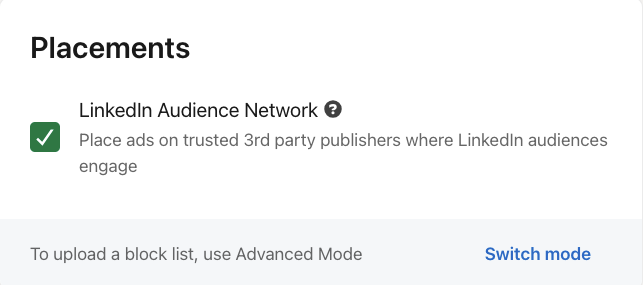 LinkedIn ad placement options with LinkedIn audience network checked