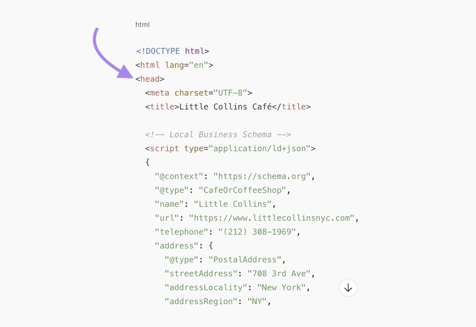 Adding local business schema manually by pasting the code into the <head> section of a local website.