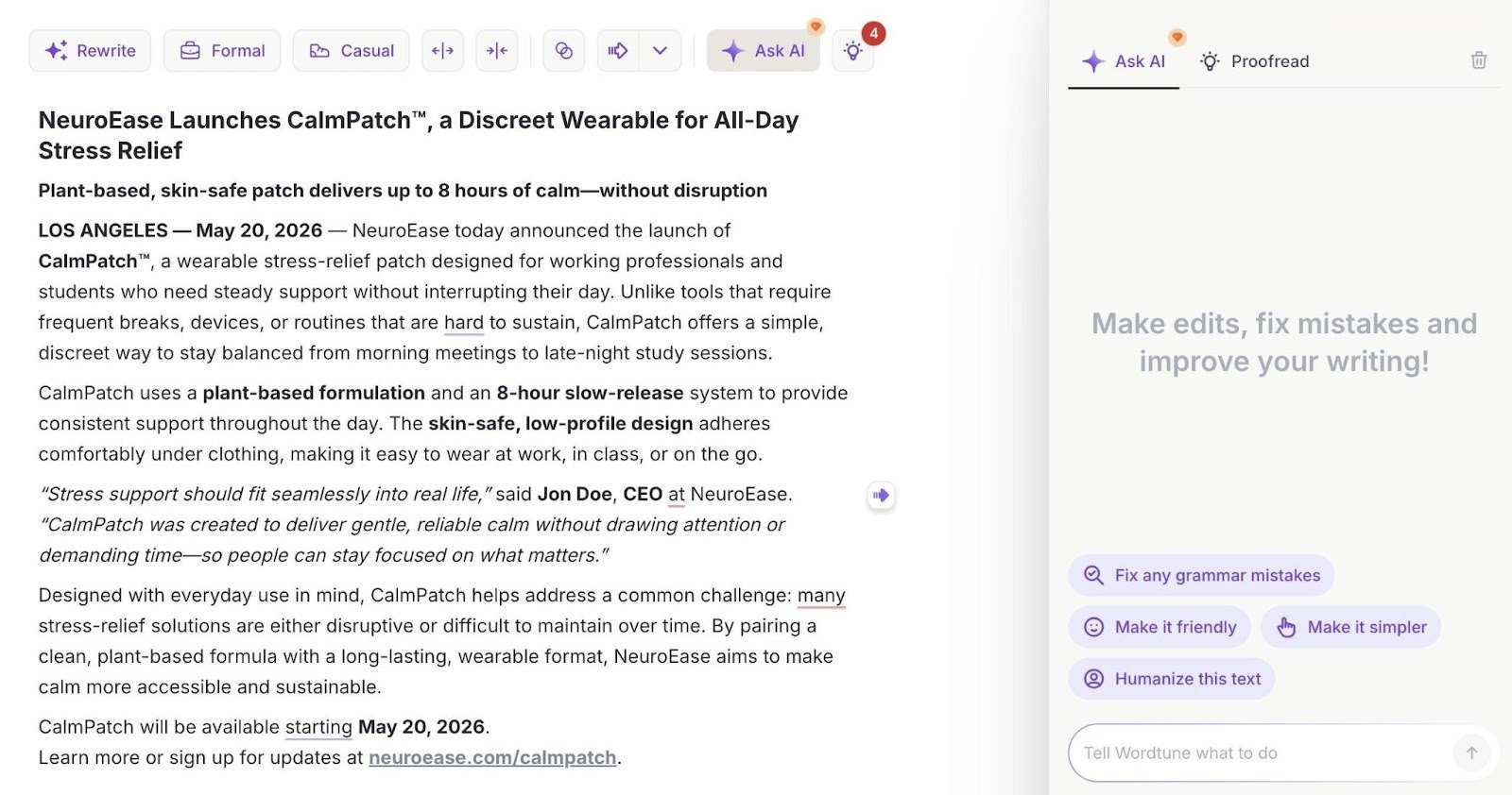 Wordtune dashboard with a press release draft on the left and an AI Chat on the right.
