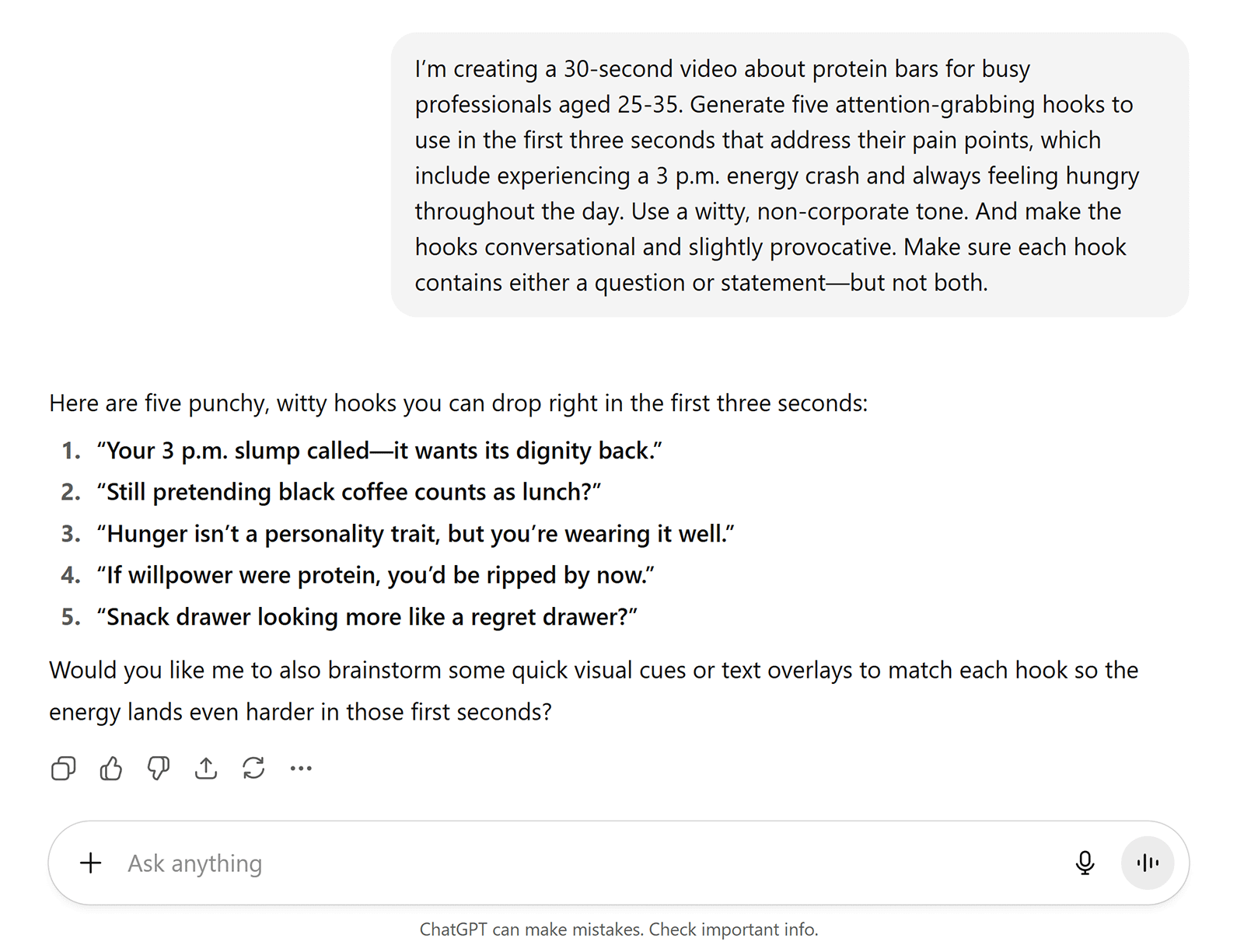 ChatGPT screen showing five witty video hook suggestions for a 30-second ad.