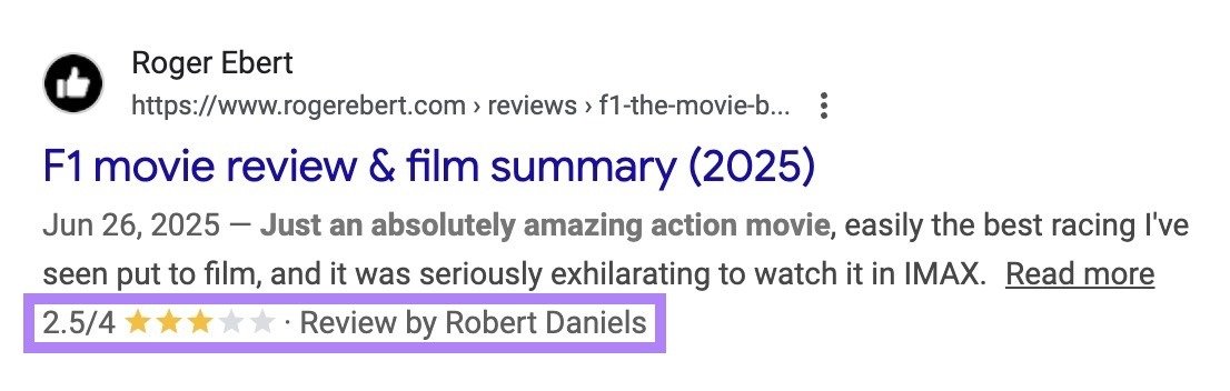 Google SERP for the term "F1 movie review" showing a result with a single rating along with a reviewer's name and a rating.