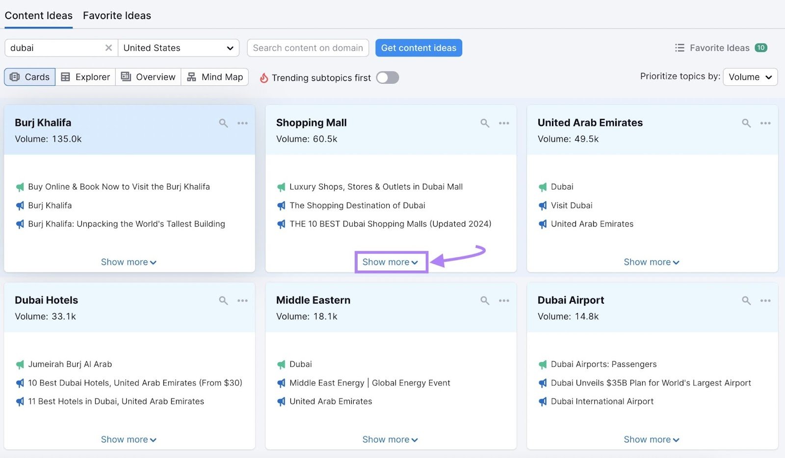 Topic research ideas cards for Dubai with 'Shopping Mall' card 'show more' button highlighted