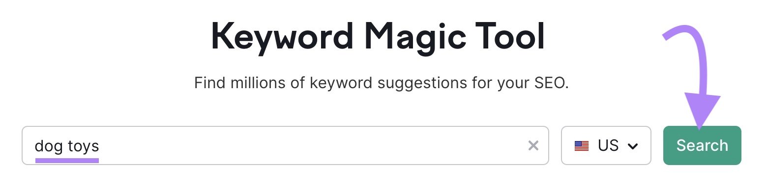 Keyword Magic Tool with “dog toys” entered in the search bar.