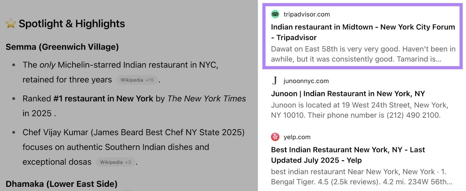 ChatGPT results for “best Indian restaurants in New York” listing Tripadvisor as one of the sources.