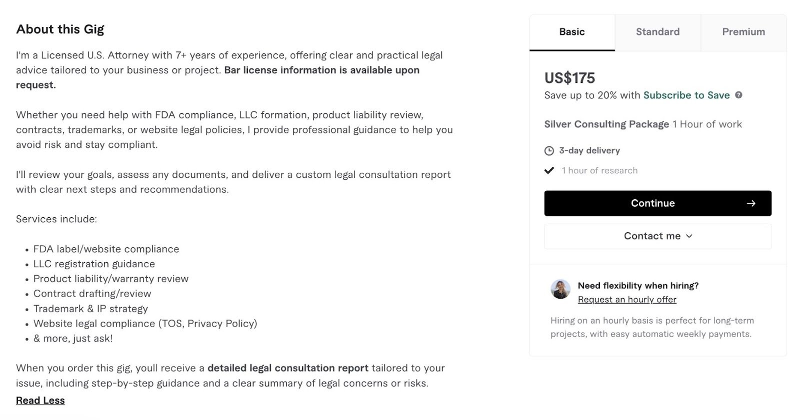 Description, pricing, and delivery times listed for a service on Fiverr.
