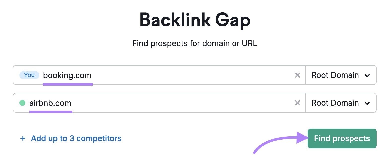 Backlink Gap report with two competing domains entered and "Find prospects" clicked.