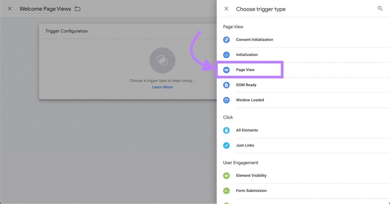 "Page View" selected under "Choose trigger type" menu