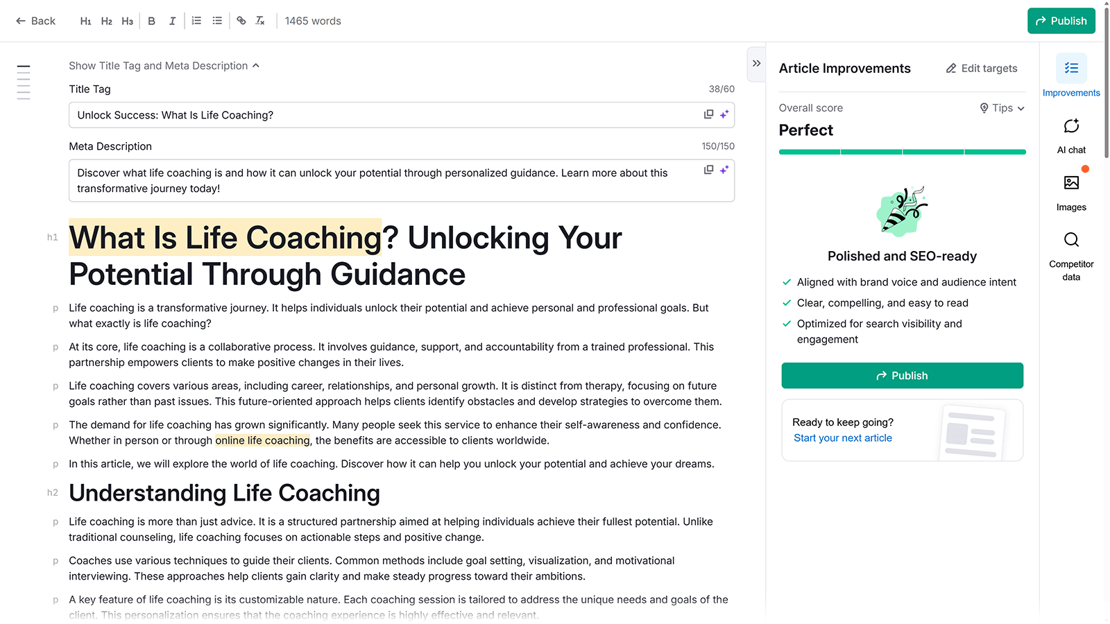 Editor view of life coaching article marked “Perfect” with sidebar tips showing SEO readiness