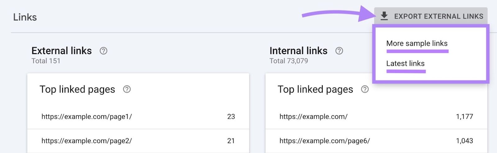 "Export External Links" clicked with the options in the dropdown, “More sample links” & “Latest links”, highlighted on GSC.