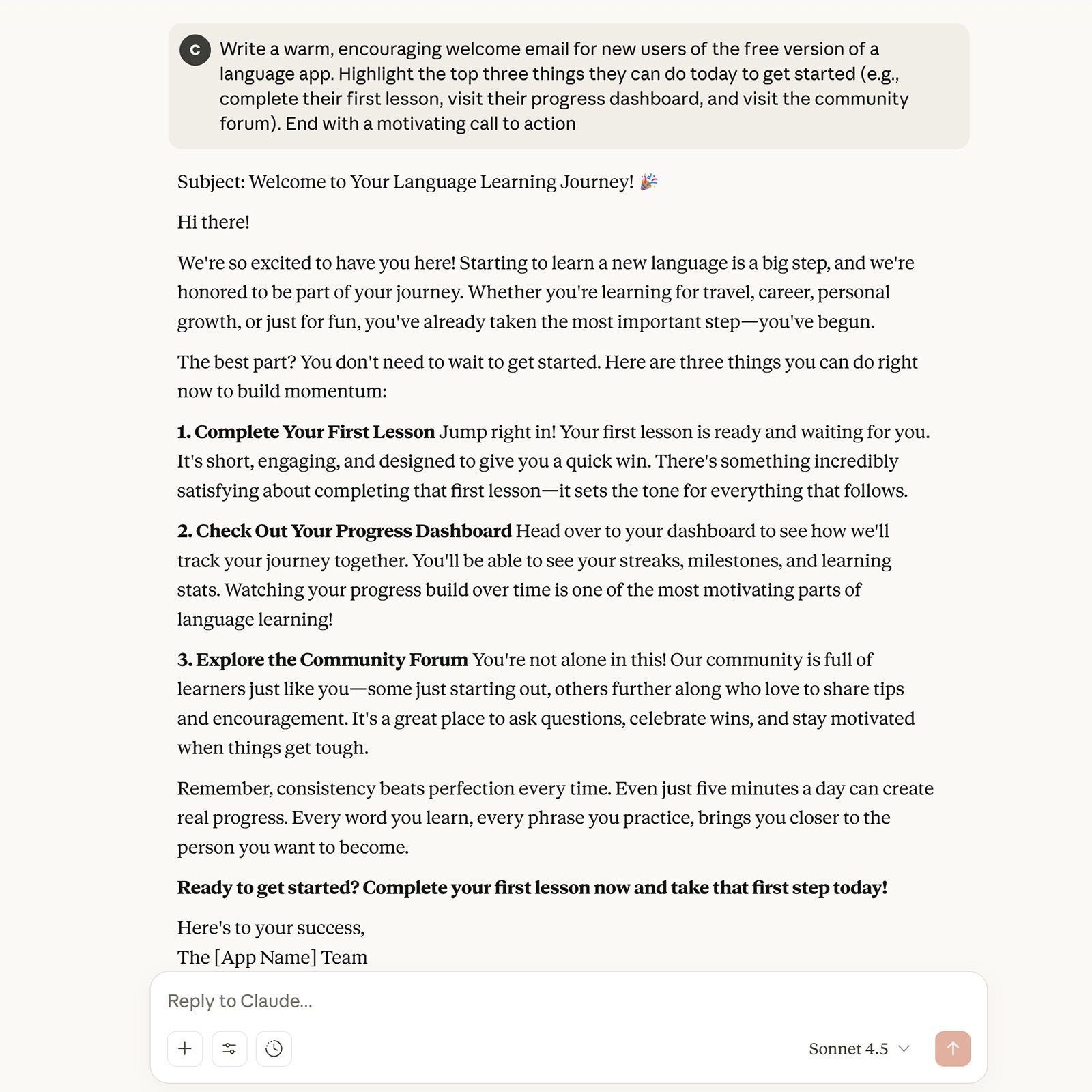 Claude AI interface displaying a drafted welcome email for a language learning app with three getting-started tips.